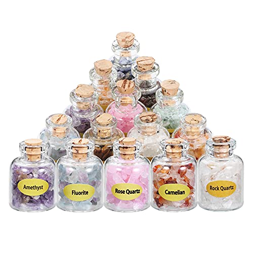 Jovivi 9 Mini Gemstone Bottles Chip Crystal Stones Healing Tumbled Gem Wishing Bottles Reiki Wicca Set for Home Decoration, Chakra Healing, Witchcraft Crystals