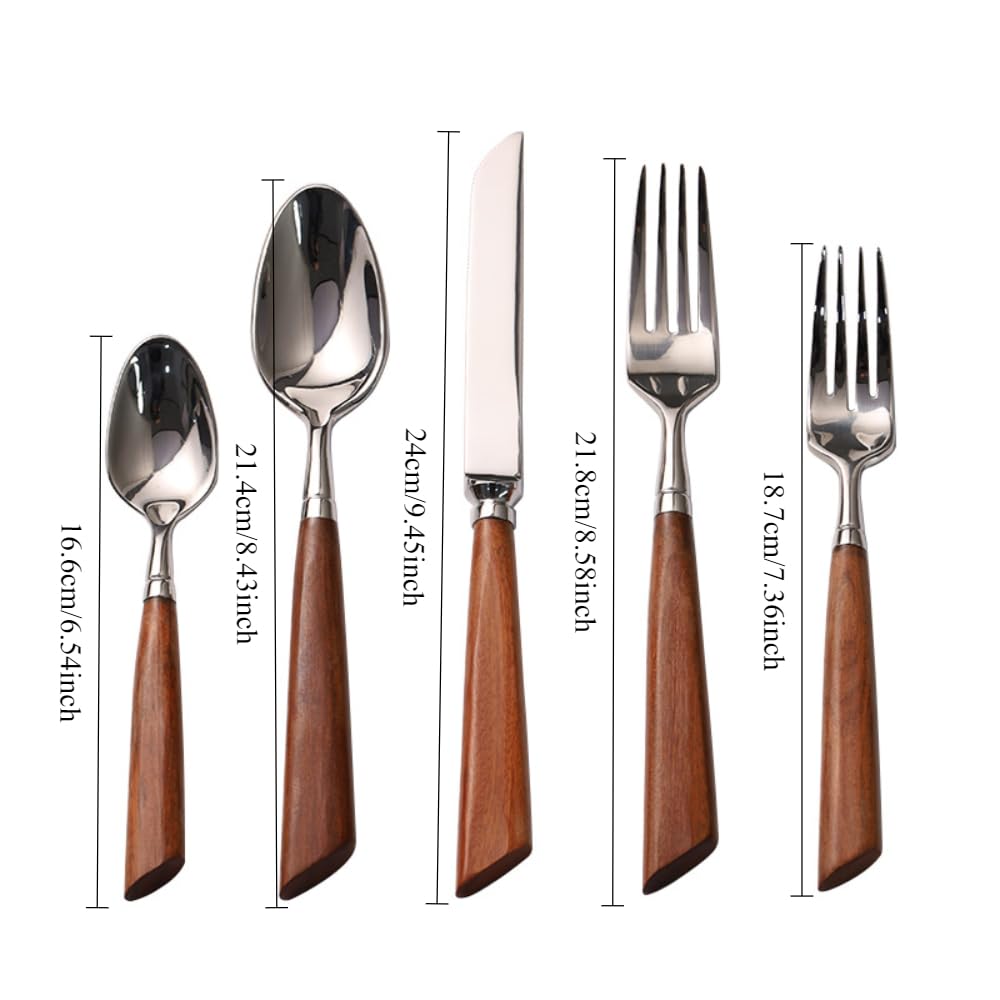 Rosso Cannella Legno Manico Cucina Acciaio Inox Argenteria Stoviglie Posate Set Bistecca Coltello Forchetta Cucchiaio Cucchiaino (Argento,5 pezzi)