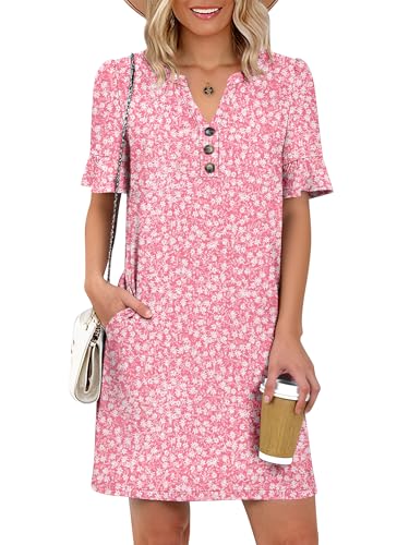 Image of Prinbara Womens Summer Casual Dresses Ruffle Short Sleeve V Neck Button 2026 Spirng Vacation Beach Loose Boho Shift Dress