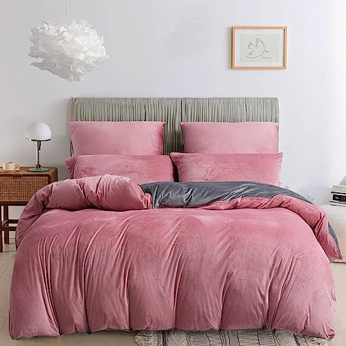 YASMENG Housse de Couette Flanelle 240x260 Hiver Chaude Rose Gris Polaire Parure de Lit Flanelle Doux Douillet Duveteux Linge de Lit 2 Personne avec Fermeture Éclair et...