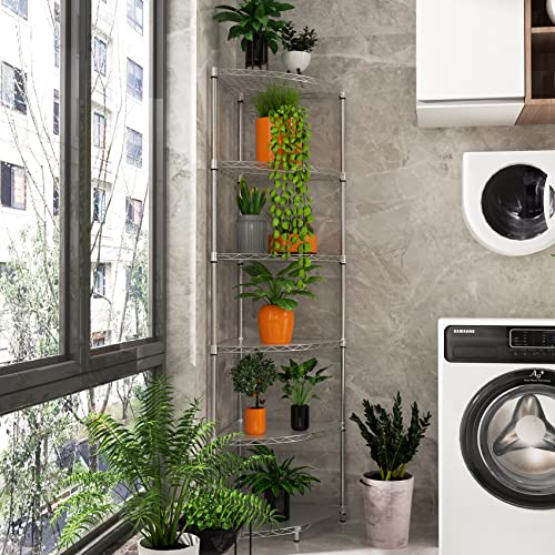 Nsf 6-Tier Metal Corner Shelf Wire Shelving Unit - 420 Lbs Capacity, Adjustable, With Leveling Feet & Waterproof Shelf Liners - Ideal For Garage, Kitchen, And More - 72" H X 18" L X 18" D - Chrome #TOP6