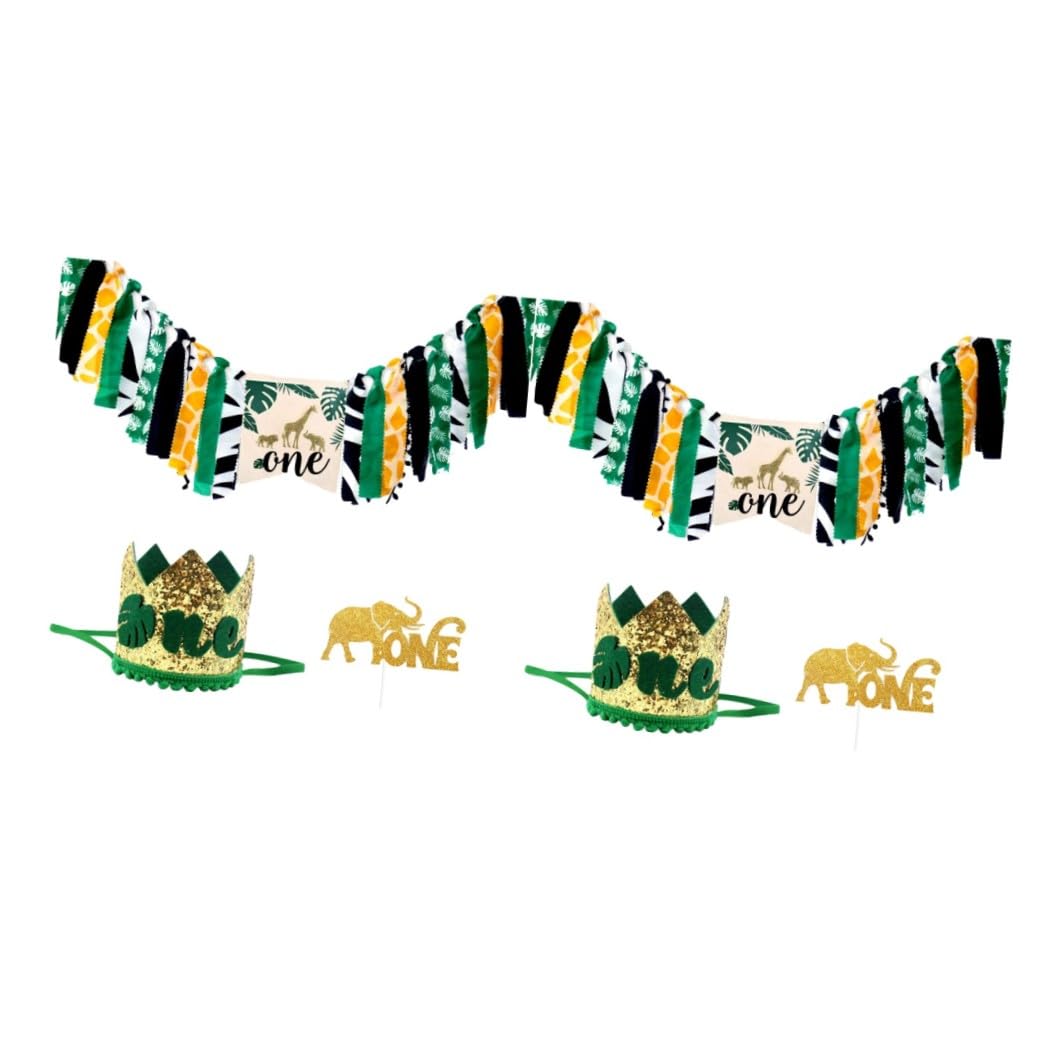 ifundom 2 Sets Babys 1. Geburtstag Hochstuhl Banner Kuchen Topper Krone Hut 1. Geburtstag Lieferungen Dschungel Tier Stil 3 Stücke * 2