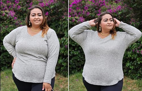 Image of RITERA Plus Size Sweater, Ribbed Long Sleeve Solid Top for Women | Soft vertical ribbed knit, modest V neck, loose long sleeves, curved swing hem, slimming casual layering top for curvy women