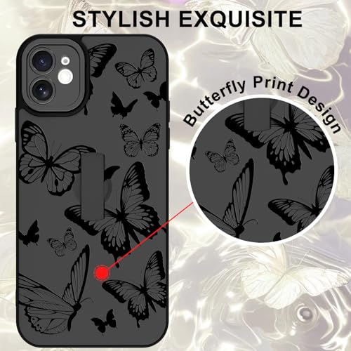 Image of for iPhone 12 Case with Finger Strap Holder, Cute Cool Butterfly Print Pattern Design for Women Men, Shockproof Anti Scratch Hand Kickstand Protective Cover, Gray