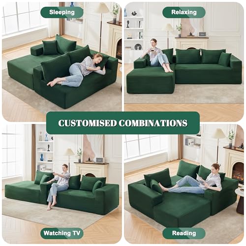 110” Cloud Sectional Couch, Modular Sectional Sofa for Living Room, Boneless Sofa with Deep Seat, Comfy Fluffy Couch with L-Shaped Chaise, No Assembly Required (Left-Facing Chaise, Green)