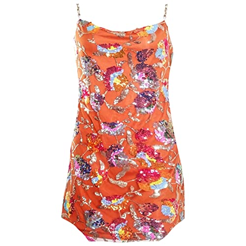 Robe courte sexy orange dos nu à paillettes pour soirée chic
