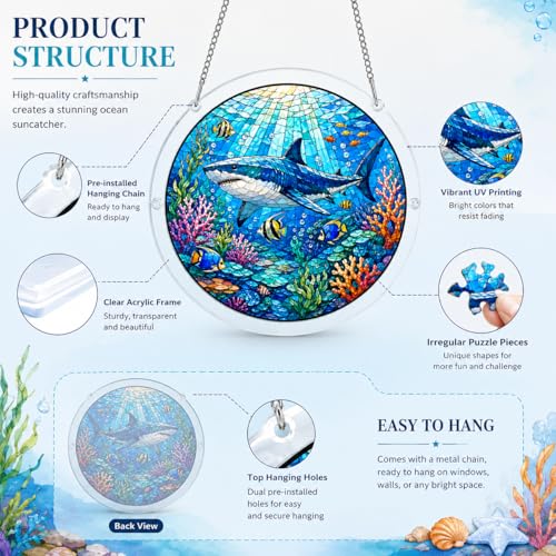 Puzzle de Acrílico Ocean Jigsaw Suncatcher para Adultos, Rompecabezas de Ventana de Vidrio Teñido de 7.48 Pulgadas, Decoración de Puzzles de Animales Marinos para Amantes del Océano (Tiburón) miniatura 6