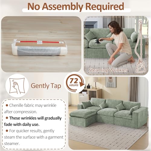 Image of 115''Cloud Boneless Sectional Couch, Modular Sectional Sofa Deep Seat with Ottoman, Oversized Upholstered Convertible Comfy 4 Seater Chenille Sofa L Shape Couches for Living Room, Green