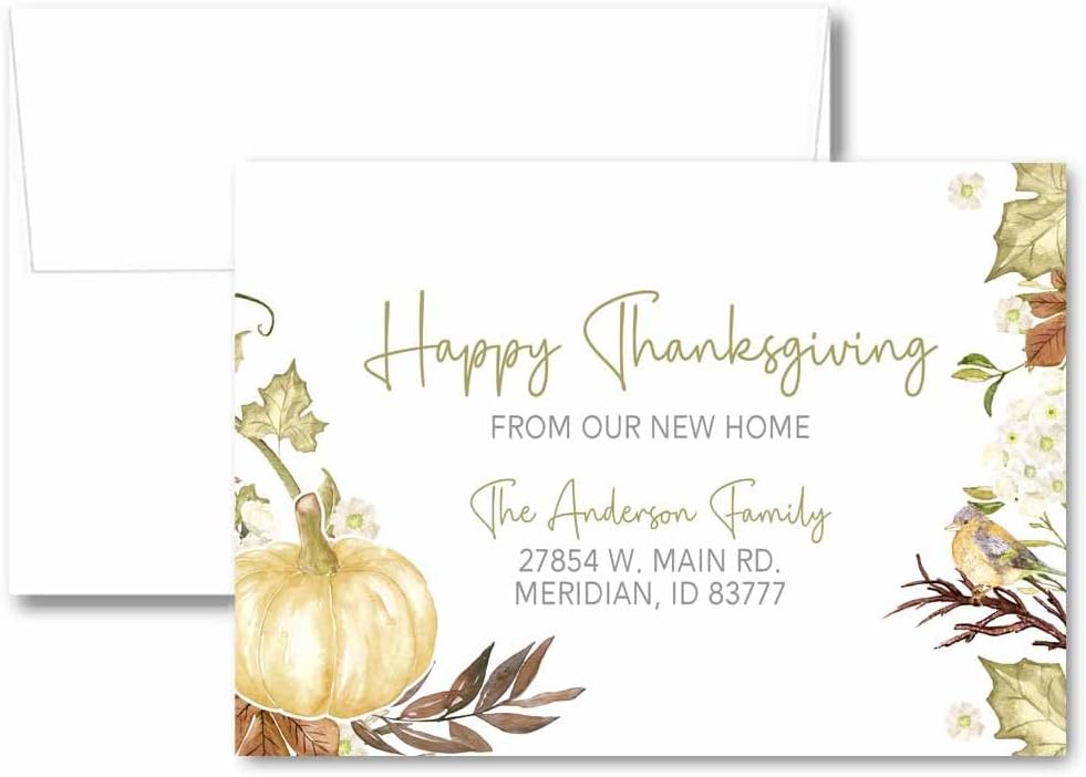 Fall Personalized We've Moved Stationery, Happy Thanksgiving from Our New Home Moving Cards, Pumpkins Watercolors Change of Address with Envelopes, November Nature We've Moved Announcement Stationery