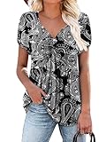 ONLYSHE Women's Petal Sleeve Shirts Summer Front Knotted Shirts V-Neck Tunics Tops Loose Shirts Flare Blouse Comfy Tees,Black,L