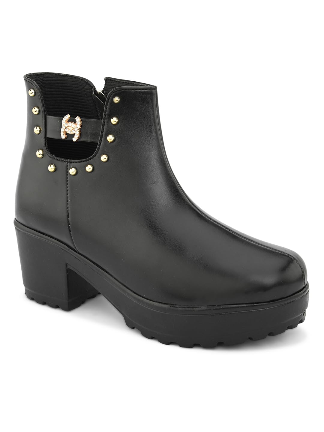 XE Looks 100% Vegan Leather Women's Black Chic Faux Leather Boots for Women | Zipper Detailing & Stud Accents | Stylish Chunky Heel Boots For Girls & Women 4