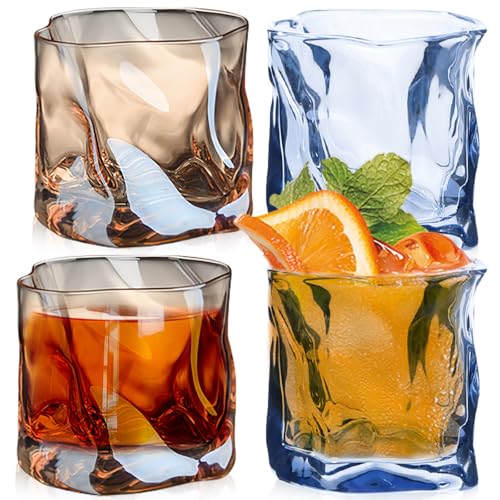 Juego de 4 vasos de whisky de 200 ml, irregulares, plegables, de cristal, doble antiguo, irregulares, para papá, marido, amigos (ámbar+azul hielo)