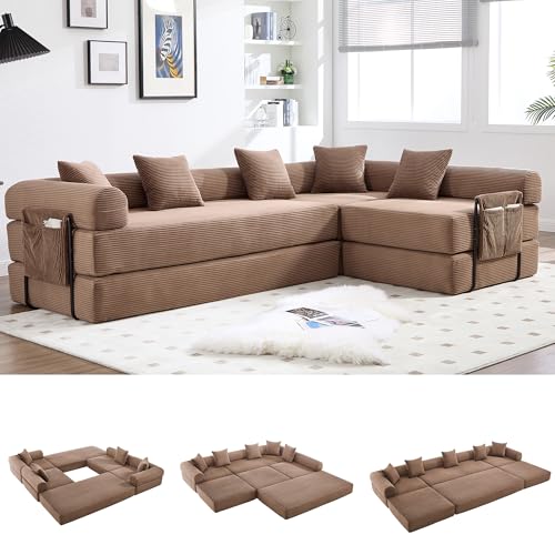 Image of L-Shape Modular Sectional Sofa Bed, Corduroy Boneless Couch, Brown