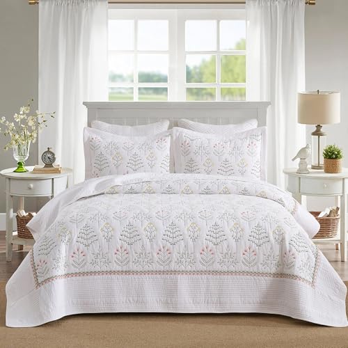 MarCielo 3-Piece 100% Cotton Oversized Bedspread Lightweight Quilt Coverlet Embroidery Farmhouse Bedding Set(TL Floral White,Oversized King (118"x106"))