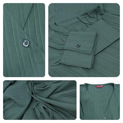 Image of Leriya Fashion Women's V-Neck Pleated Tunic Top - Long Sleeve Drawstring Waist Summer Blouse, Lightweight Casual Shirt for Office, Travel, Daily