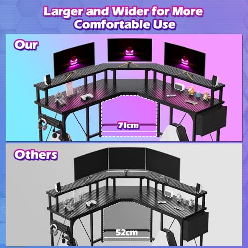 Devoko L Shaped Desk with Power Outlets,LED Corner Gaming Desk Corner Desk with Shelves, Large PC Writing Table for Home Office Bedroom,Monitor Stand, Hooks, Carbon Fibre Black - Image 6