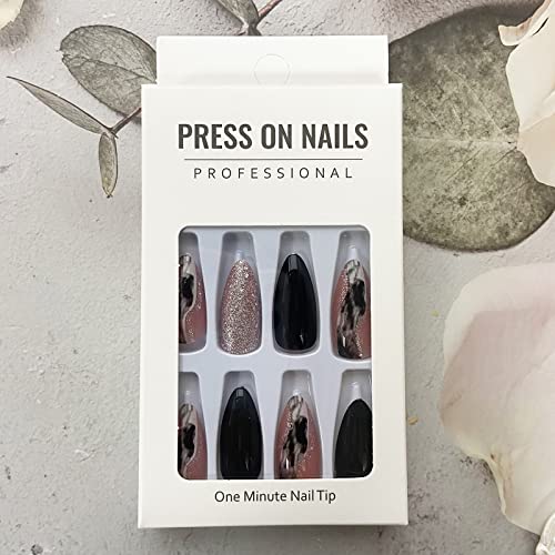 Medium Press On Nails Almond Shape Fake Nails With Silver Waves Design Glitter Acrylic Nails Full Cover Artificial Nails Glossy False Nails Black Glue On Nails For Women And Girls Manicure 24Pcs #TOP5