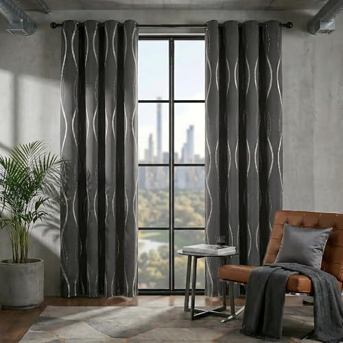 NICETOWN Blackout Curtains for Bedroom, 1 Pair, 52 inches by 90 inches, Grey, Foil Printed Wave Lines Energy Saving Thermal Insulated Solid Grommet Bl