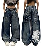 Unisex Y2K Hip Hop Street Jeans with Skeleton Print, Gothic Baggy Jeans, Vintage High Waist Denim, Wide Leg Pants (US, Alpha, Small, Regular, Regular, Tiger)