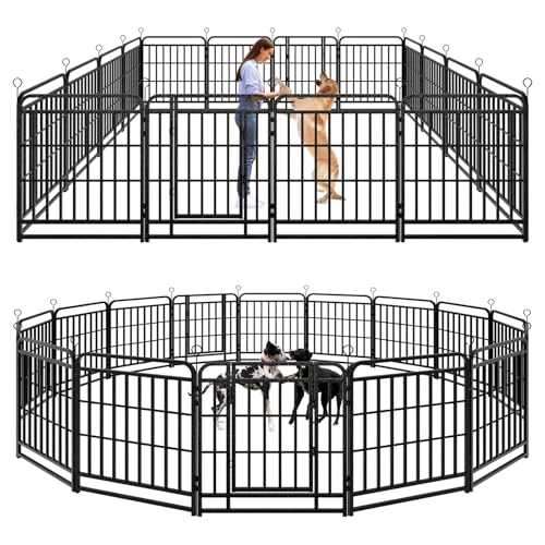 Image of Kfvigoho Heavy Duty Dog Fence Outdoor 16 Steel Panels 32 inch Height | Square Steel Pipe with Reinforced Crossbars, 36FT 103 Sq.ft Portable Dog Fence Outdoor for Yard & RV Camping, Snowy Black