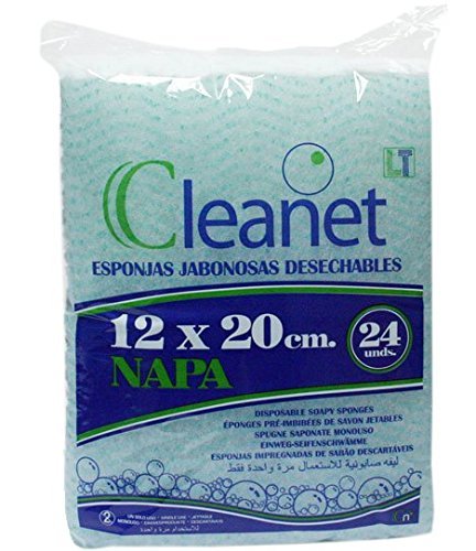 Cleanet: esponja jabonosa desechable napa 12x20cm 90grs. Higiene corporal con gel dermatológico pH neutro. (5 paquetes x 24 unidades)