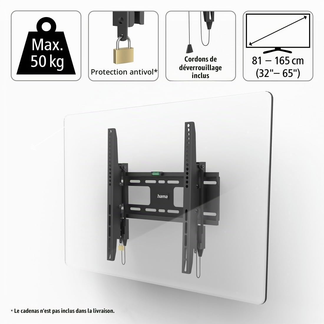 Hama Support Mural TV Dispositif Antivol Garantie 10ans (TV 32" à 65", 81 à 165cm 50Kg Max, Idéal espaces publics, Compatible VESA, Chevilles Fischer founis, Système Easy Fix) Noir