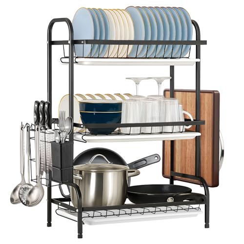 Dish Rack 3-Tier Dish Drainer Rack with Drainboard Large Over Sink Drying Rack Kitchen with Cutlery & Cutting Board Holder Space-Saving Kitchen Draining Board with Drip Tray