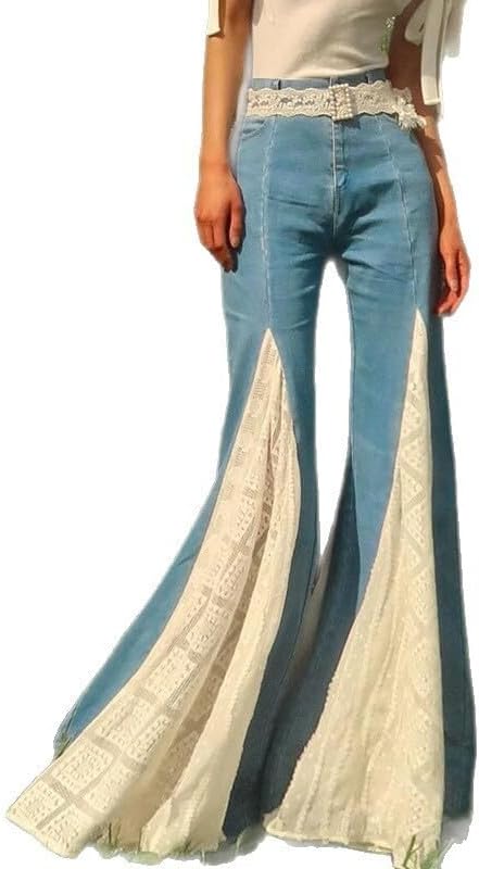 High Waisted Jeans Lace Patchwork Flare Jeans Bell Bottom Pants for Woman