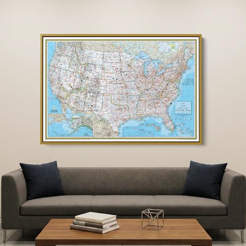 Image of National Geographic Classic USA Map with Pins - Personalized United States Travel Map Canvas - Extra Large Framed Wall Decor - Gold Float Frame - 34 inch x 51 inch