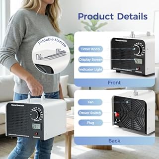 Ovshnrr Generatore di Ozono 60.000 mg/h, Ozonizzatore Professionale per Casa e Auto fino a 320 m², Macchina Ozono Portatile con Timer 120 Min - Elimina Odori di Fumo, Animali, Pittura, Muffa