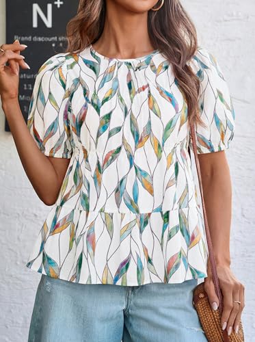 Image of Tankaneo Womens Puff Sleeve Peplum Babydoll Tops Summer Flowy Pleated Cotton T-Shirts Casual Loose Fit Cute Blouse
