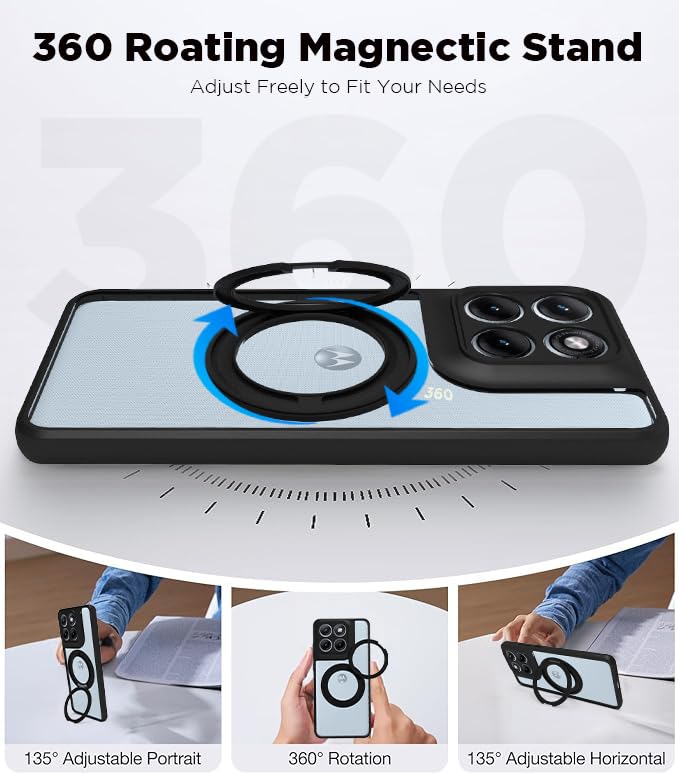 Image of RIGGEAR Shockproof Sleek Hybrid Armor 360 Rotating Magnetic Ring Stand Back Cover Case Compatible with MagSafe Accessories for Motorola Moto Edge 70 Fusion 5G (Clear PC + Black TPU Bumper)