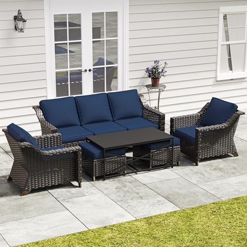 Image of 6 Pieces Outdoor Conversation Furniture Set - 77 inch Patio Sofa, 2 Armchairs, 2 Ottomans, 1 Metal Table, Patio Wicker Couch Set with Washable Cushions for Swimming Pool (Navy Blue) | Patio Chair Set with Olefin Removable Cushion, All-Weather Outdoor Couch with Deep Seat for Porch, Deck and Backyard, Blue