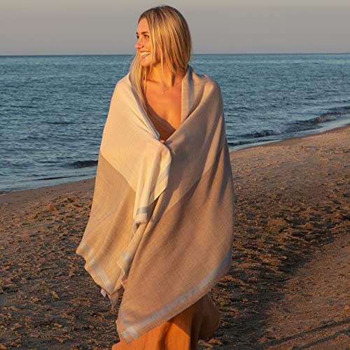 Women's Fashion Graphic Stripe Summer Shawl - Lightweight, Breathable Wool Infinity Scarf, Sand and Blue, 82" x 28'2