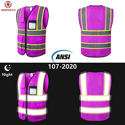 Image of Safety Vest for Men Women Reflective Construction Vest Hi Vis ANSI Standard | ANSI Standard, 8 utility Pockets 4 Reflective Strips with Neon trim High Visibilty Breathable Mesh Safety Apparel for Work