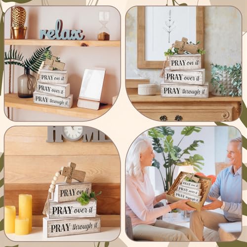 Image of Moucuny 4 Pcs Christian Table Decor Wooden Cross Wooden Bible Verse Sign Inspirational Religious Christian Centerpiece Pray Block Signs Farmhouse Table Decoration for Mother's Day