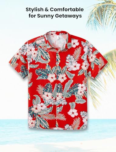 Image of PATPAT Family Matching Hawaiian Outfits - Couple Matching Hawaiian Outfits Family Tropical Shirts Palm Leaf Print Beach Short Sleeve Polo Shirt Father Son Matching Shirts Red Flower Men XXL
