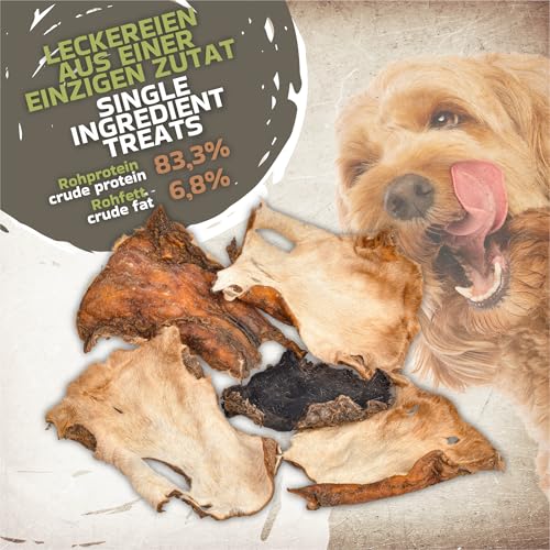 Rinderkopfhaut mit Fell für Hunde 1 kg (ca. 15–20 Stück) | Getrocknete Rinderkopfhaut Kauartikel | 100 % natürlich | Mit Fell | Luftgetrocknet | Getreidefrei | Langer Kauspaß für kleine & große Hunde