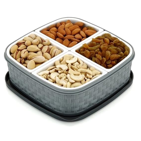 1 Small Spoon 4 Small Container with one Big Container with Lead so its Called 4 Section Dry Fruit Box Rangoli dubba, chocklate dubba Used in Home Kitchen Office ITC Pack of 1, Color Gray