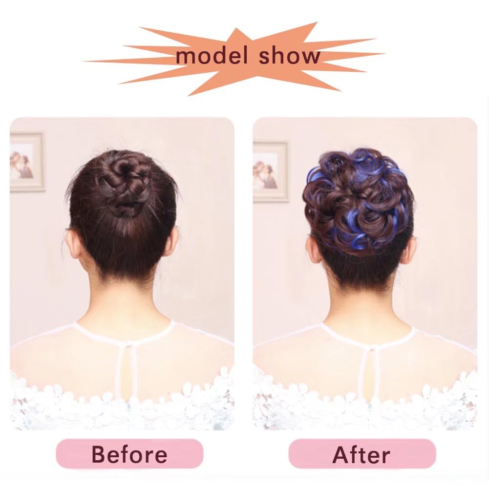 LaLuLoLi Dark Brown Highlight with Hot Pink Messy Fake Hair Bun Extensions Synthetic Chignons Hair Scrunchie Scrunchy Updo Hairpiece Ponytail for Women 2pcs/pack - Image 2