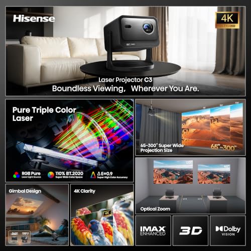 Image of Hisense C3 Triple Color RGB Smart Laser Projector, 2500 ANSI Lumens,65 inch-300 inch,4K UHD,IMAX ENHANCED,Dolby Vision,JBL Speaker,Optical Zoom,Intelligent Screen Adjustments,Smart Vidaa OS,Netflix Included