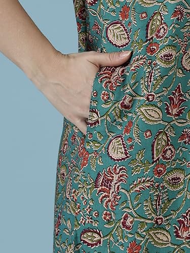 Image of 9shines Label Stylish Pure Cotton Nighty Maxi for Women | Embroidery Neckline Nightgown | A-Line Nightdress with Pocket | Floral Night Gown| Soft Comfortable Cotton Sleepwear (Cotton Yoke)