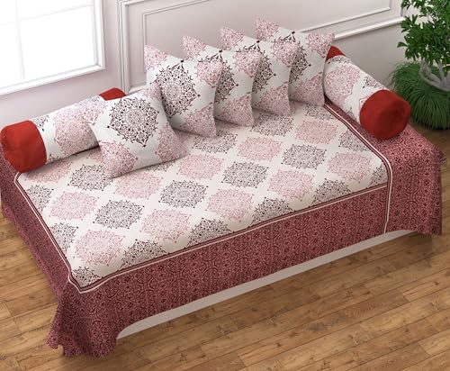 Image of FRESH FROM LOOM Cotton Reversible Diwan Set Maroon - 1 Single Bedsheet with 2 Bolster Covers and 5 Cushion Covers (8pc Set)