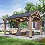 Aoxun 12' x 14' Outdoor Wood Gazebo, Hardtop Gazebo Permanent Wooden Pavilion with Galvanized Steel Gable Roof, for Patio, Garden, Deck, Cedar Wood
