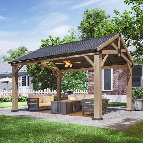 Aoxun 12' x 14' Outdoor Wood Gazebo, Hardtop Gazebo Permanent Wooden Pavilion with Galvanized Steel Gable Roof, for Patio, Garden, Deck, Cedar Wood