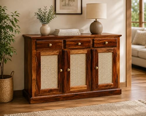 Image of Solid Sheesham Wood Sideboard Cabinet for Living Room | Storage Cabinet with 3 Doors & 4 Drawers | Wooden Buffet Cabinet | Cane Cabinet | Console Cabinet | Home Furniture Dark Honey Finish