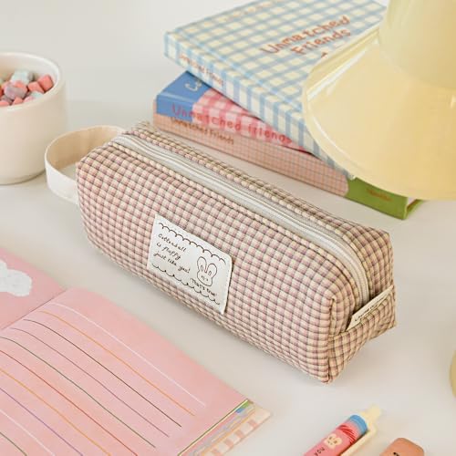 Image of Monolike Unmatched Friends Fabric Check Block Pencil Case, Vintage pink - Aesthetic Gingham Pastel Desk Organizer, Soft Padded Makeup Brush Case, Trendy Minimalist Stationery Pouch