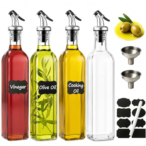 WERTIOO Olive Oil Dispenser Bottle 4Pack, 17oz Oil and Vinegar Dispenser Set, Glass Oil Dispenser for Kitchen with 4 Plastic Pourer, 2 Stainless Steel Funnel, 1 Pen and 8 Label for Kitchen