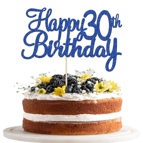 Gyufise 1Pc Happy 30th Birthday Cake Topper Blue Glitter 30th Birthday Cake Pick Cheers to 30 Years Old Thirty Fabulous Cake Decorations for 30th Birthday Wedding Anniversary Party Supplies