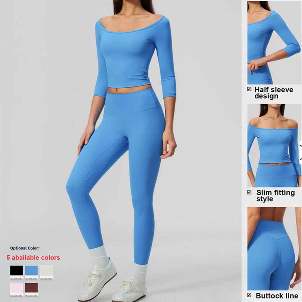 Completo yoga donna aderente con leggings a vita alta | Top corto a spalle scoperte maniche 3/4 abbinato a leggings a vita alta sollevaglutei, tessuto elastico per allenamento e uso